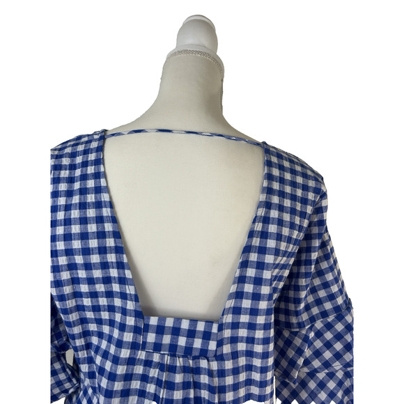 Cottage feminine Boutique White Birch Double Bell Sleeve Gingham Plaid Top Sz M - Picture 3 of 6